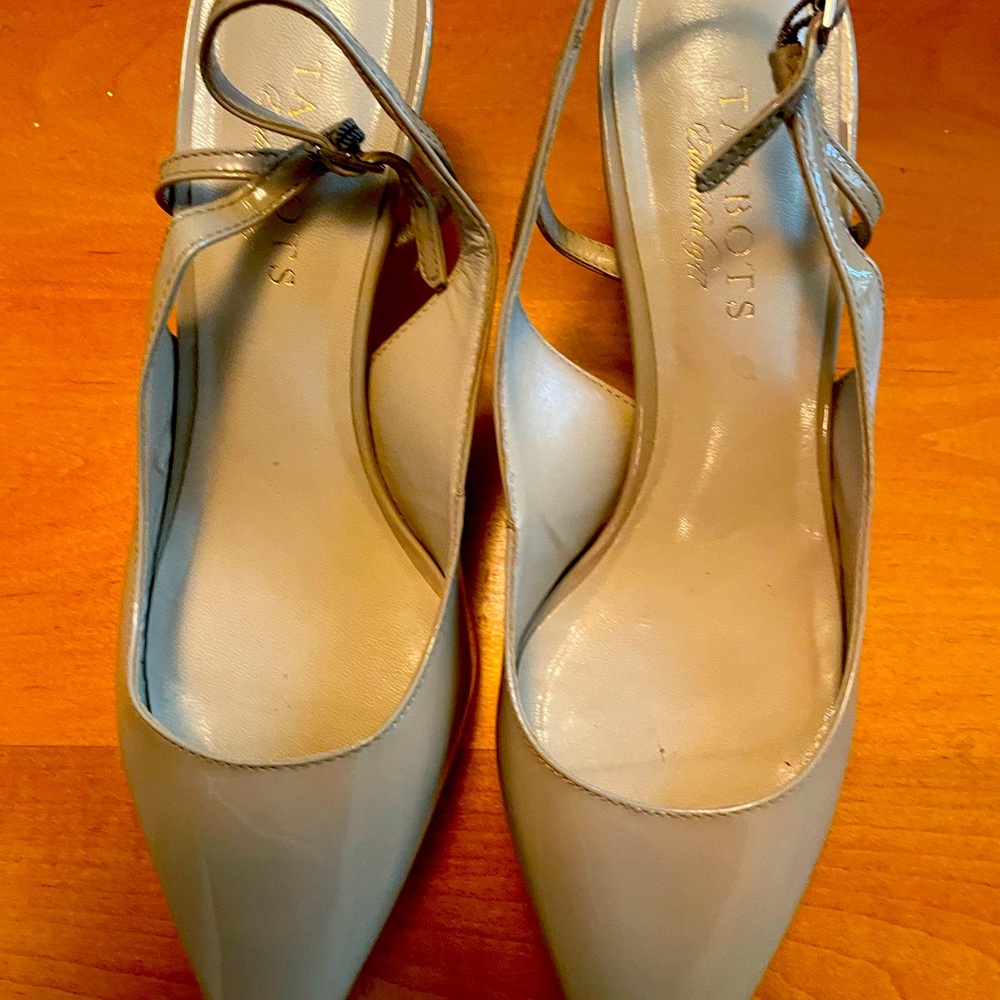 Talbots, leather heels (2”). A nice neutral beige and these are sling backs!